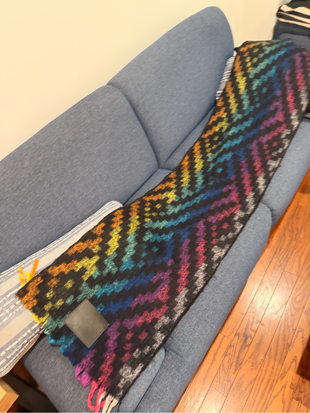 Kurt Geiger Multicolor Plaid Wool Scarf - Black with Rainbow Accents